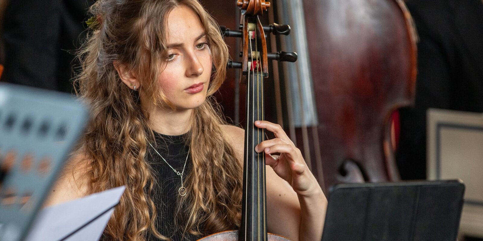 Celliste van de Cantatekaravaan in het warme namiddaglicht in Haamstede